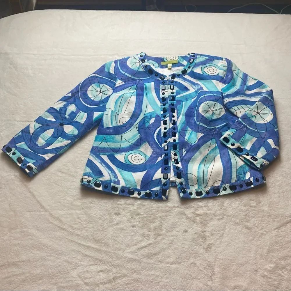 Sigrid Olsen Blue Tone On White 3/4 Sleeve Jacket Size 6